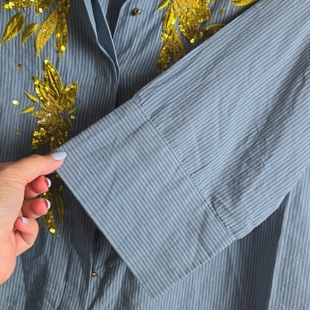 Anthropologie Maeve Gold Sequin Poplin Buttondown Blouse Blue Stripe-Size 2 - Picture 14 of 17